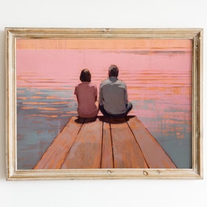 Vintage meer schilderij | Rustieke roze muurkunst | Decor van het meerhuis | Kust downloadbare print