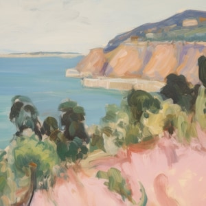 May include: An oil painting depicting a coastal landscape with a blue sea, light orange cliffs, and dark green trees in the foreground. The scene features visible brushstrokes, a pale sky, and a distant shoreline under soft daylight conditions.