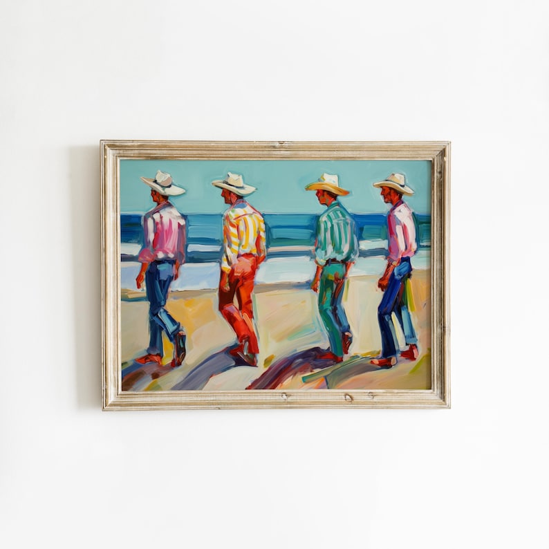 May include: Oil painting of four figures in hats and colorful shirts walking on a beach. The figures are painted with a loose brushstroke style. The painting is framed in a light-colored wooden frame.