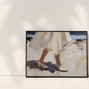 May include: Framed art print featuring an impressionistic painting of a person walking. The artwork depicts legs and feet in white shoes, with a flowing white dress. The painting has a soft color palette of white, beige, and blue.