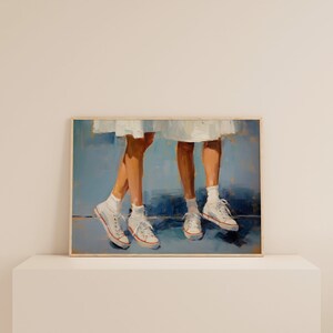 May include: A painting depicting two pairs of legs wearing white trainers against a blue background.