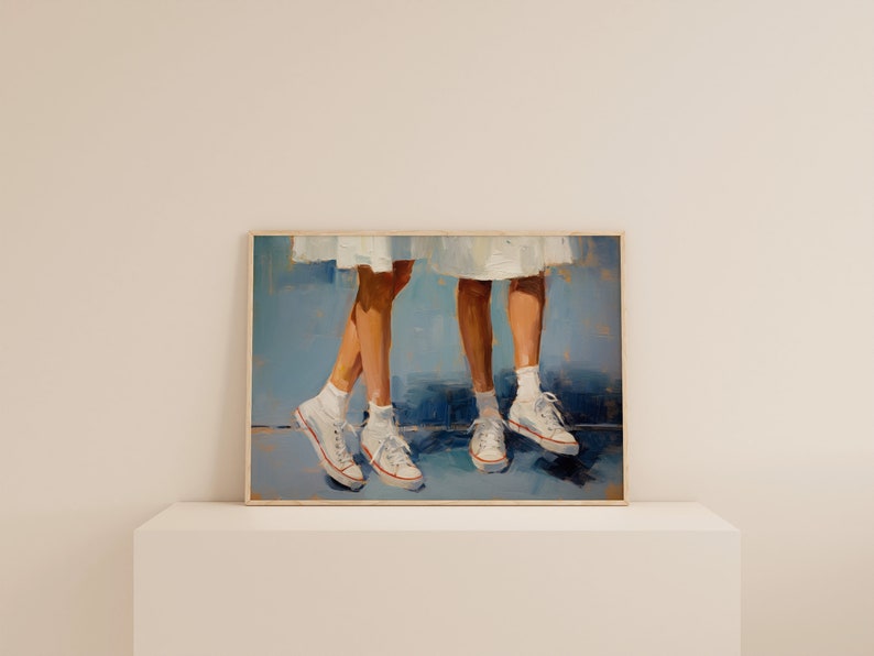 May include: A painting depicting two pairs of legs wearing white trainers against a blue background.