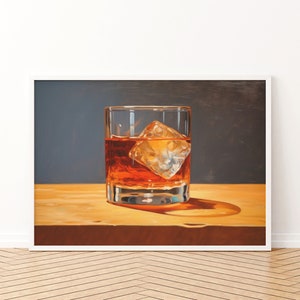 May include: A glass of amber-colored liquid with a large ice cube in it, sitting on a wooden surface. The glass is clear and has a rounded bottom.