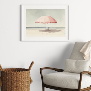 Pale Watercolor Painting | Beach Umbrella Print | Light Pink Aesthetic Art | Muted Downloadable Print image 9