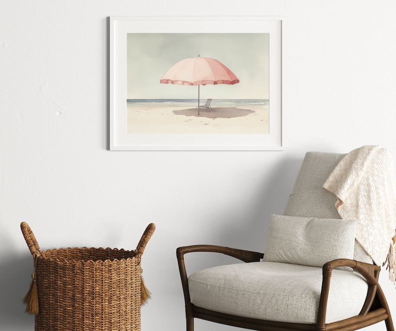 Pale Watercolor Painting | Beach Umbrella Print | Light Pink Aesthetic Art | Muted Downloadable Print image 9