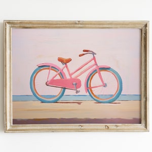 ビーチ風自転車の絵画 | ピンクとブルーの寮の部屋の装飾 | パステル調の美学 | レトロな自転車のプリント | 海岸沿いの印刷可能な壁アート