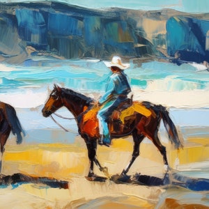 Peut inclure: Une peinture repr&eacute;sentant une personne &agrave; cheval sur un cheval brun sur une plage. La personne porte un chapeau de cowboy blanc et une chemise bleue. L'arri&egrave;re-plan est un ciel bleu et blanc avec une falaise rocheuse.