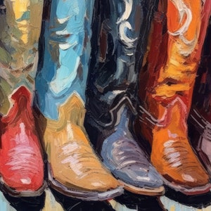 May include: An oil painting depicting a row of cowboy boots in various colors including bright red, light blue, tan, black, and orange. The artwork features thick, visible brushstrokes and textured paint application, showcasing the distinct shapes of the boots.