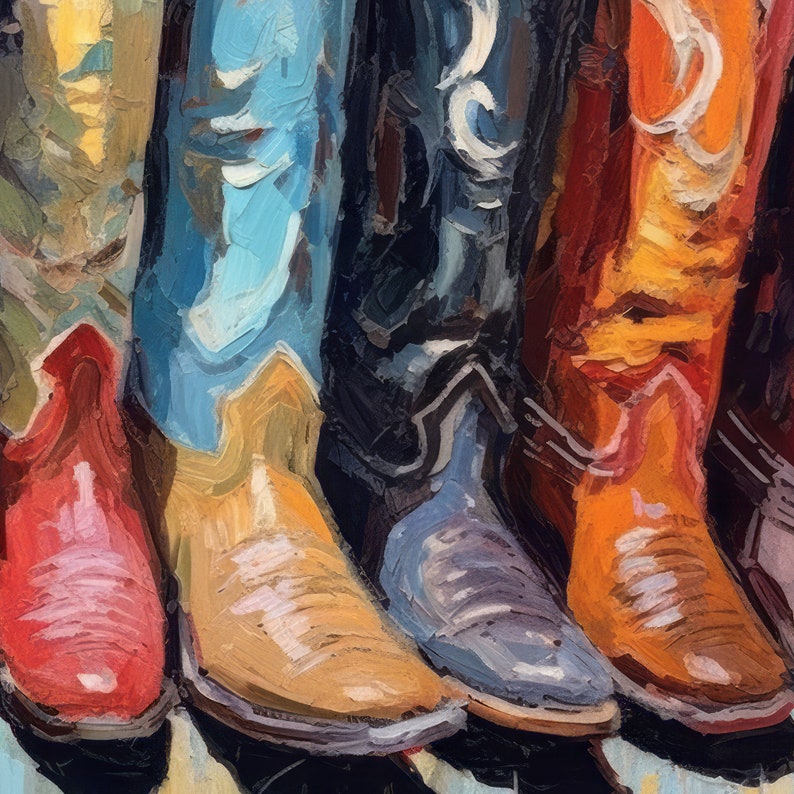 May include: An oil painting depicting a row of cowboy boots in various colors including bright red, light blue, tan, black, and orange. The artwork features thick, visible brushstrokes and textured paint application, showcasing the distinct shapes of the boots.