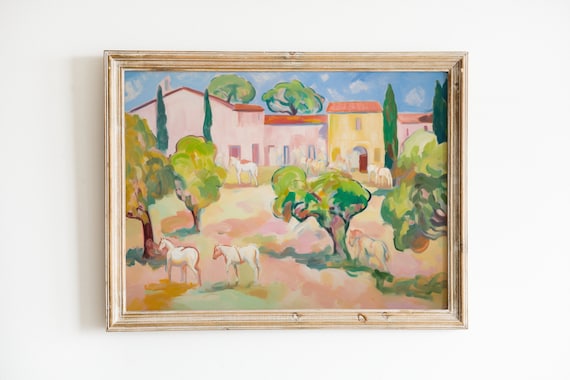 Soft Mediterranean Landscape Print | Printable Horse Art | Ranch House Decor | Girly Pastel Painting
