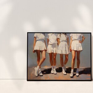 May include: A painting of four people wearing white skirts and shirts standing in front of a light blue wall. They are all wearing white shoes and have their legs slightly apart.