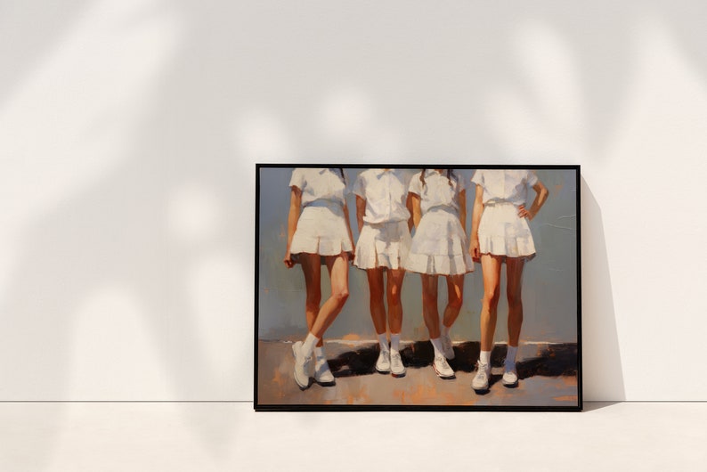 May include: A painting of four people wearing white skirts and shirts standing in front of a light blue wall. They are all wearing white shoes and have their legs slightly apart.