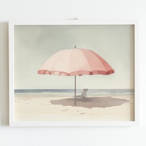 Pale Watercolor Painting | Beach Umbrella Print | Light Pink Aesthetic Art | Muted Downloadable Print image 5