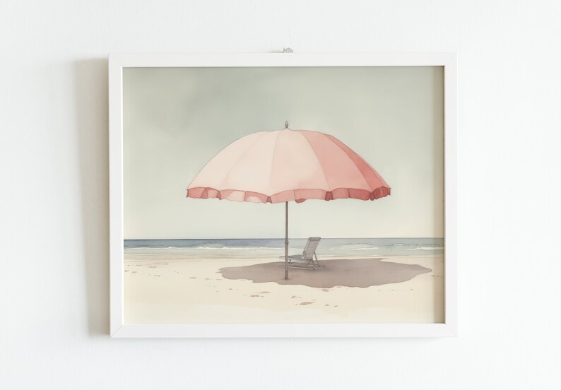 Pale Watercolor Painting | Beach Umbrella Print | Light Pink Aesthetic Art | Muted Downloadable Print image 5