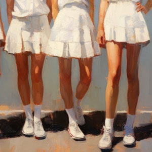 May include: Three women wearing white skirts and white socks with white sneakers. The women are standing in a row with their legs slightly apart. The background is a light blue color.