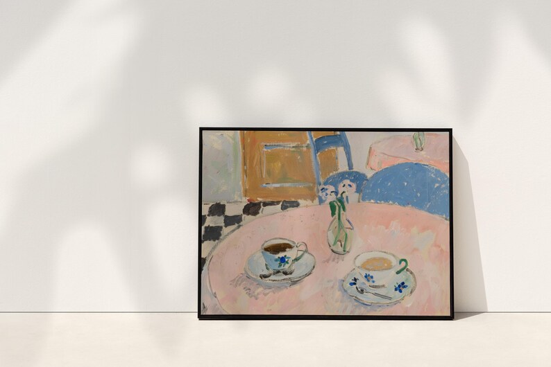 May include: A framed painting depicting a pink table with two teacups, saucers, and a small vase of flowers. The background shows a blue chair, a yellow cabinet, and a black and white checkered floor, all rendered in a loose, painterly style.