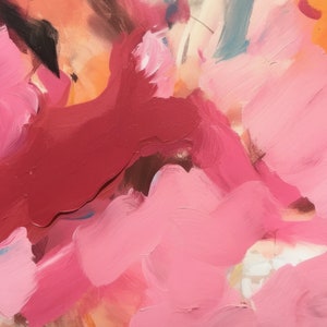 May include: Abstract painting with a palette of pinks, reds, and oranges. The artwork features broad brushstrokes creating a textured effect. The colors blend and overlap, forming a dynamic and expressive composition.