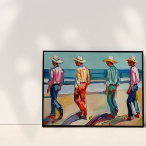 May include: An oil painting on canvas depicts four figures in cowboy hats and colorful shirts walking on a beach. The figures are painted in shades of pink, yellow, and green, with blue jeans and a blue ocean background.
