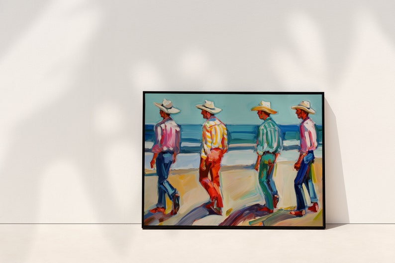 May include: An oil painting on canvas depicts four figures in cowboy hats and colorful shirts walking on a beach. The figures are painted in shades of pink, yellow, and green, with blue jeans and a blue ocean background.