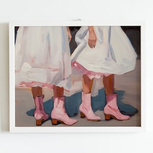 May include: Painting of two people wearing white dresses and pink boots. The painting is done in a loose, impressionistic style.