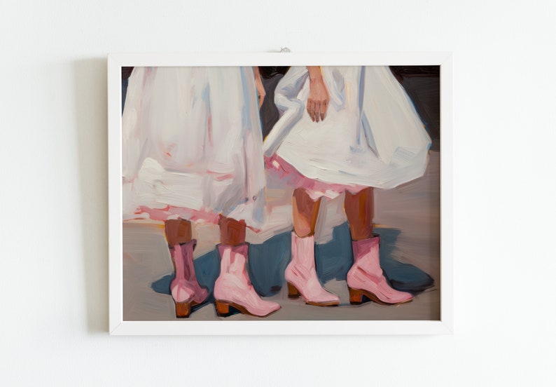May include: Painting of two people wearing white dresses and pink boots. The painting is done in a loose, impressionistic style.