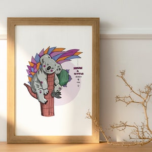 Impresión de arte digital de koala A4 / Ilustración de koala / Regalo para amantes de los koalas / Póster de koala / Arte de pared para dormitorio / Póster para habitación de niños / Decoración de pared de animales