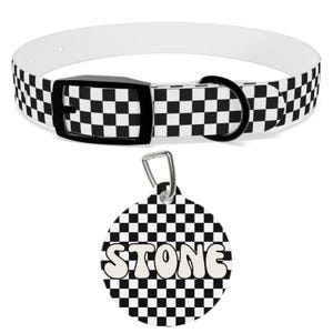 Custom Dog Name Checkerboard Collar and Pet Tag Bundle