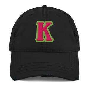 K&#39;s Distressed Hat | Alpha Cap | Alpha Hat | Pink and Green | Alpha Embroidered Baseball Cap