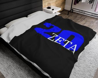 Zeta 20 Plush Blanket | Zeta Blanket | Zeta 20 | Royal Blue and White | Sorority Blanket | Black Plush Blanket | Zeta Gift