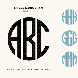 May include: A black and white monogram design with the letters ABC in a circle. The design is repeated in the background. Three additional monograms are shown in blue with the letters HHH, GGG, and MMM.