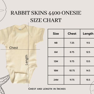 May include: Size chart for a baby onesie, showing chest and length measurements in inches. The chart includes sizes from newborn to 24 months.