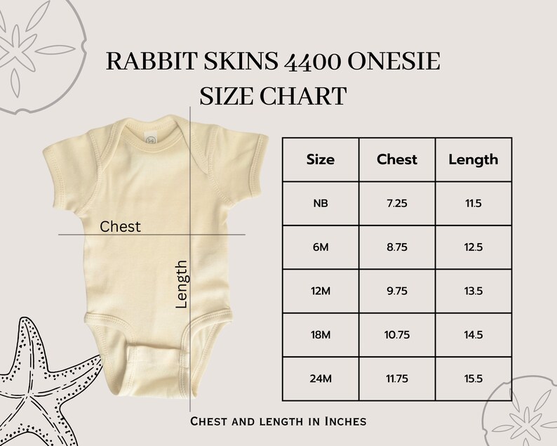 May include: Size chart for a baby onesie, showing chest and length measurements in inches. The chart includes sizes from newborn to 24 months.