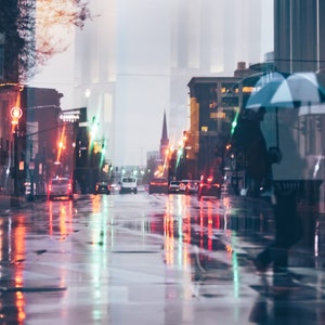 Rain on Market Street in Louisville, KY - a double exposure image of a morning rush to work on a rainy day. On canvas and fine art paper.