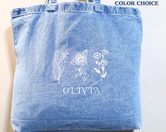 Personalized Embroidered Canvas Tote Customer Birth Flower Birthday Gift For Bridesmaid Tote Bag Gift For Mother's Day Idea Thank you Gift