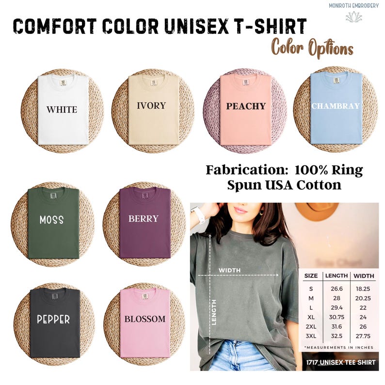 May include: A selection of Comfort Color unisex t-shirts in colours such as white, ivory, peachy, and chambray. Other colours include moss, berry, pepper, and blossom. The shirts are made from 100% ring-spun USA cotton. Measurements are in inches.
