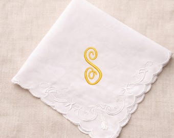 Personalized Monogram Handkerchief, Embroidered Cotton Hanky, Scalloped Edge Initial Handkerchief, Custom Gift for Women
