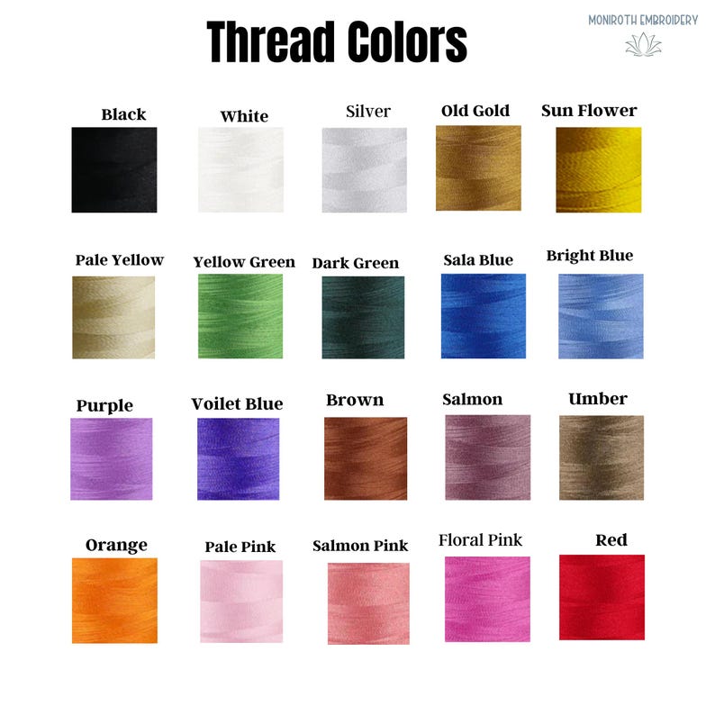 May include: A chart of thread colors for embroidery. The colors are arranged in rows and columns, with the names of the colors listed below each sample. The colors include black, white, silver, old gold, sun flower, pale yellow, yellow green, dark green, sala blue, bright blue, purple, violet blue, brown, salmon, umber, orange, pale pink, salmon pink, floral pink, and red.