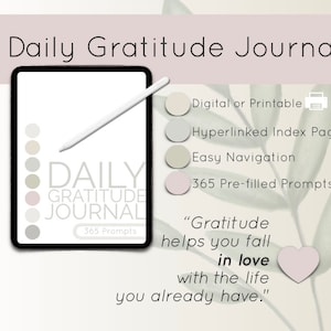 365 Prompt Gratitude Journal, Journal Prompts, Printable Gratitude Journal, Hyperlinked, Self Care Journal, Manifest, Therapy Journal, Daily