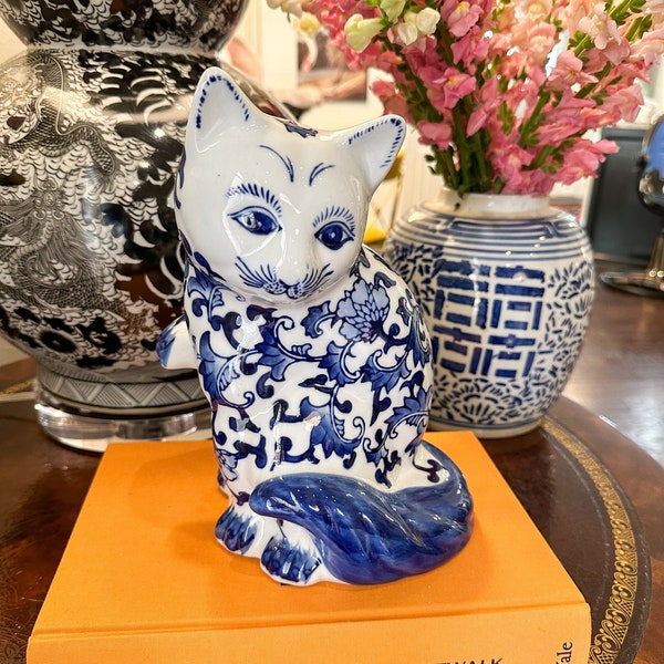 Vintage Blue & White Ceramic Cat Figurine | Grandmillennial Home Decor | Blue and White Ceramic Home Decor | Chinoiserie Chic Decor