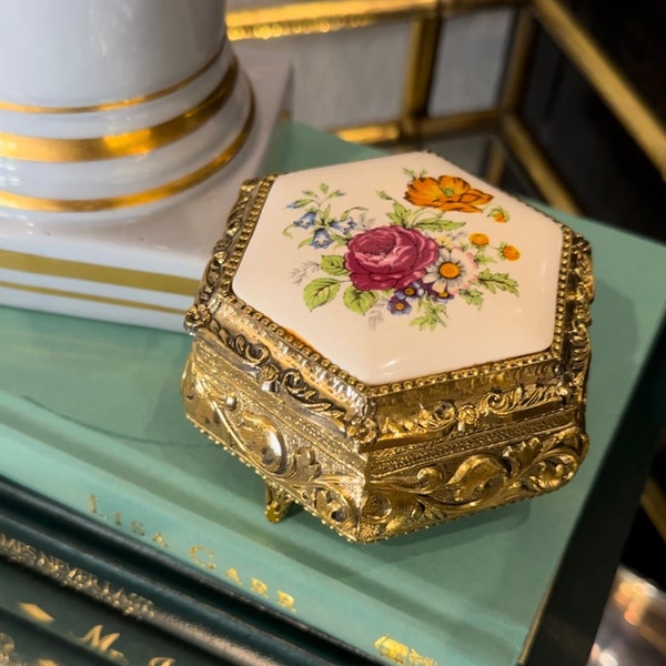 Vintage Ormolu Petite Floral Jewelry Box | Hollywood Regency Home Decor | Victorian Antique Decor | Vintage Vanity Decor | Mother's Day Gift