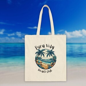 Pura Vida Beach Club Tote Bag - Relaxing Beach Scene Design