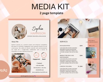May include: A two-page media kit template for a content creator and influencer named Sophie Harrison. The first page features a photo of Sophie and includes information about her, her engagement and reach statistics, and contact information. The second page lists services offered, including Instagram posts, product reviews and photography, and content creation, with pricing for each service. The page also includes a section for previous collaborations.