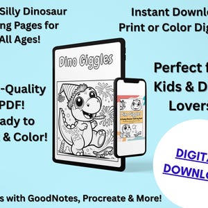 Rolig dinosauriemålarbok i PDF-format, utskrivbar och digital användning i GoodNotes, Procreate och mer, direktnedladdning