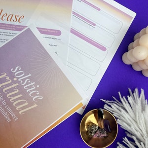 May include: A printable solstice ritual guide with a pink and orange gradient background. The text "solstice ritual" is written in a cursive font. The text "guide to connect intuition" is written in a smaller font below the title.