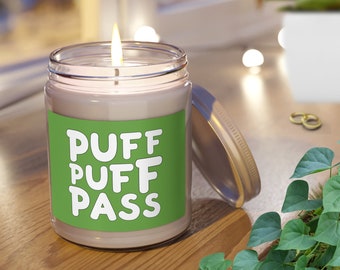 Puff Puff Pass Cannabis Stoner Velas perfumadas de cera de soja 9 oz / Verde 420 Idea de regalo de sesión de humo de marihuana / 4/20 Vela de hoja de cáñamo