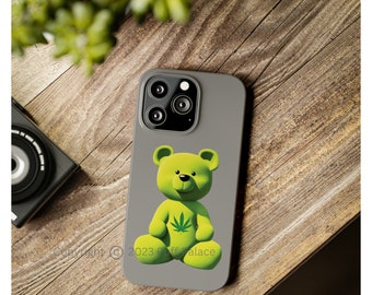 Funda para iPhone Stoner Bear / Funda rígida para teléfono delgado gris 420 / Protector para iPhone con hoja de cáñamo verde neón / ENVÍO GRATIS