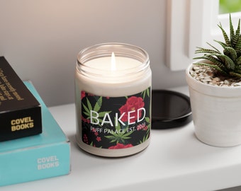 Vela de soja Stoner "Baked" 420 de 9 oz / 5 opciones de aroma / Vela perfumada con estampado de flores y hojas de cáñamo y cannabis / ENVÍO GRATIS