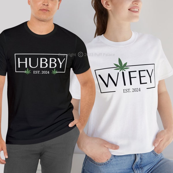 Wifey & Hubby 420 Hemp Leaf Newlyweds Unisex Short Sleeve Honeymoon T-Shirt | Husband Wife Matching Couple Tee | 12 Colors | FREE SHIPPING