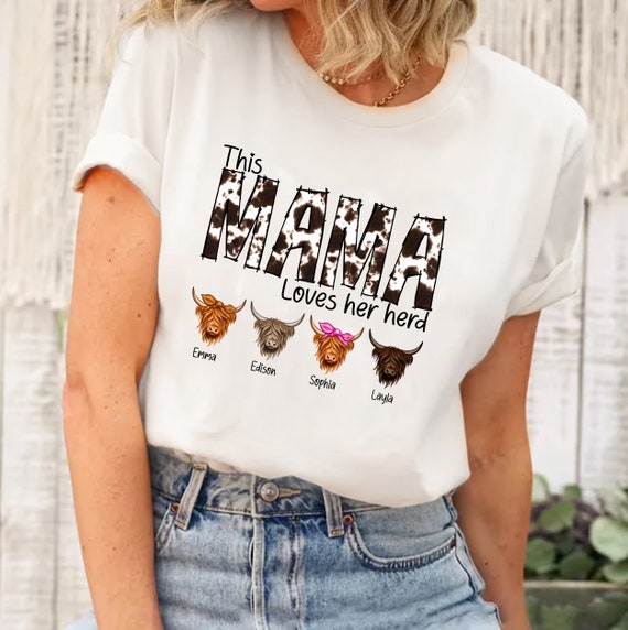 This Mama Loves Her Herd Shirt, Personalized Cute Cow Shirt For Mom, Custom Cow Mama Shirt with Cow, Cowhide Mama Tee, Mothers Day Gift