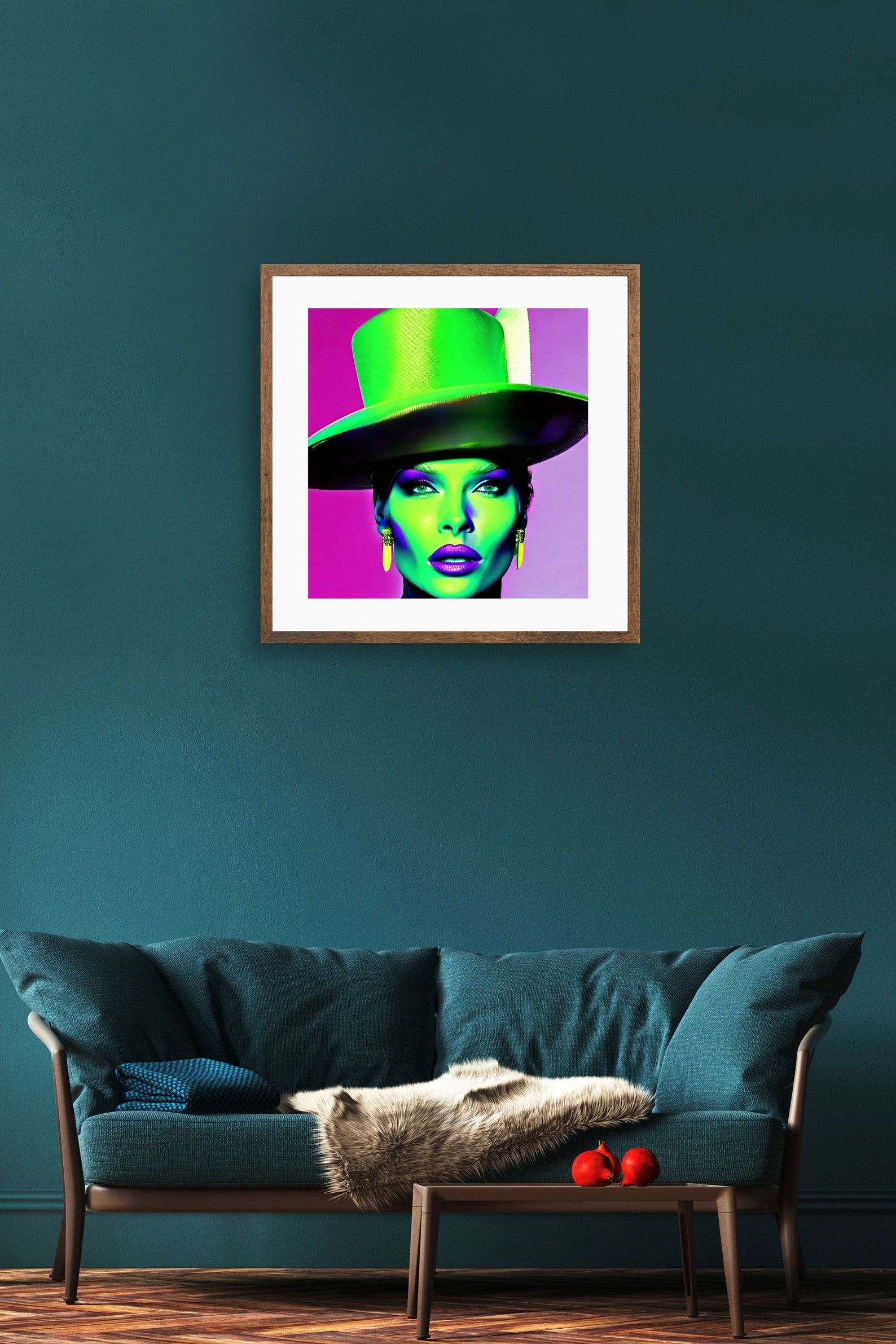 Woman With Neongreen Top Hat, Wall Art, Pop Art, Created With Help of